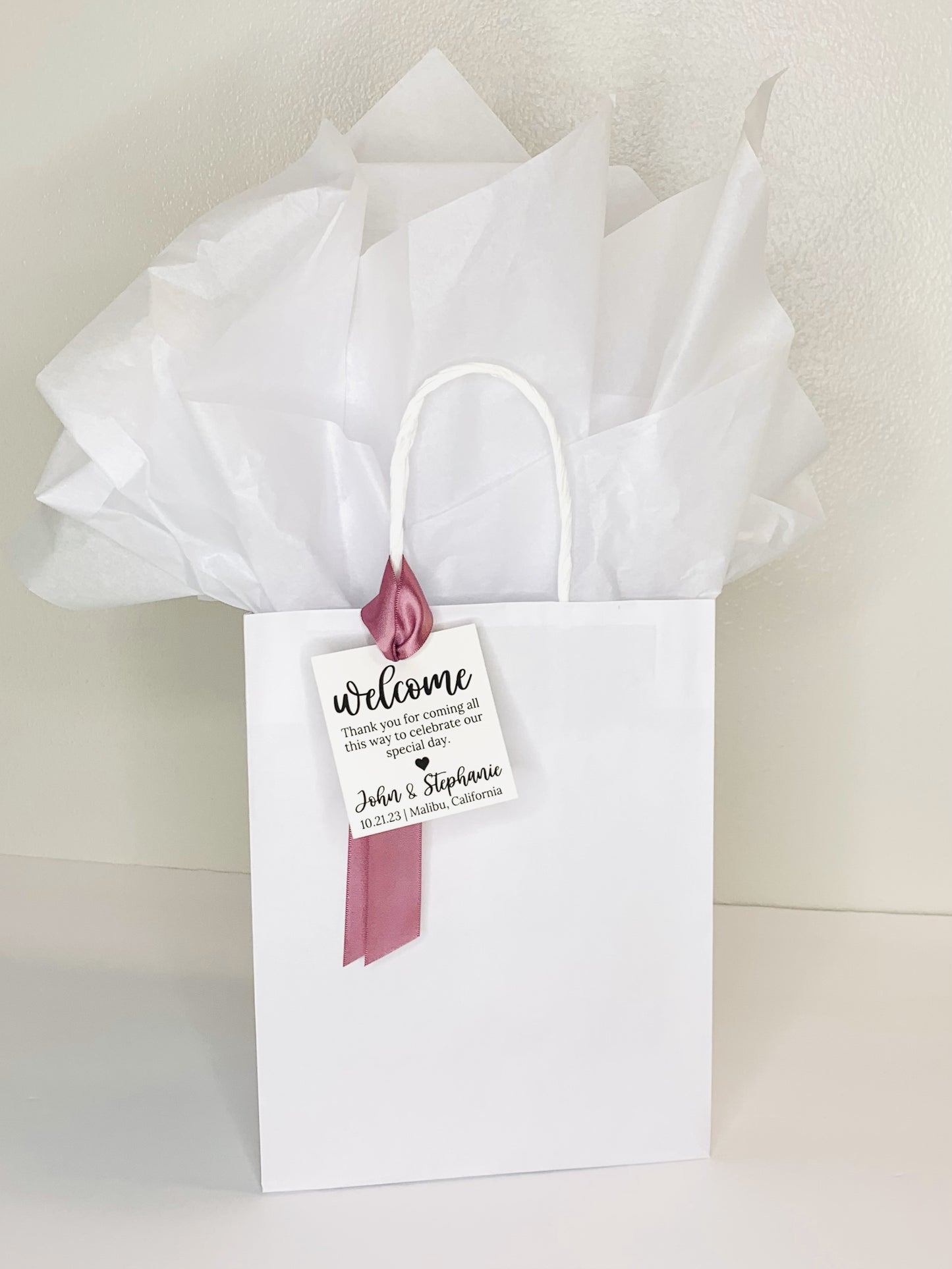 Wedding Welcome Hotel Guest Bags. Personalized Welcome Tags with Ribbon. A