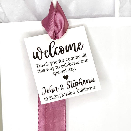 Wedding Welcome Hotel Guest Bags. Personalized Welcome Tags with Ribbon. A