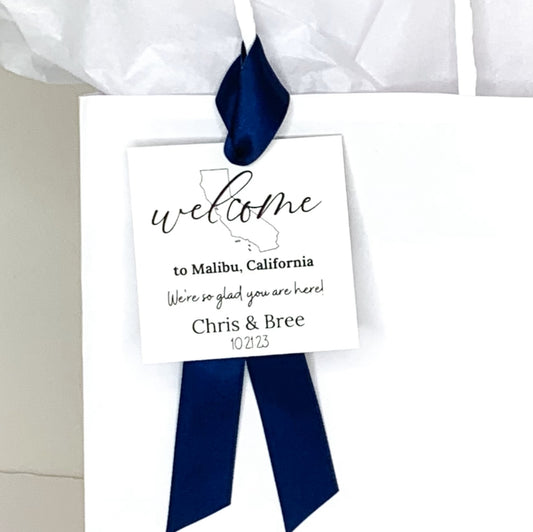 Wedding Welcome Hotel Guest Bags. Welcome Tags with Ribbon. Welcome tags with state design C