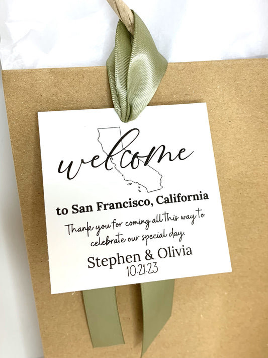Wedding Welcome Hotel Guest Bags. Welcome Tags with Ribbon. Welcome tags with state design B