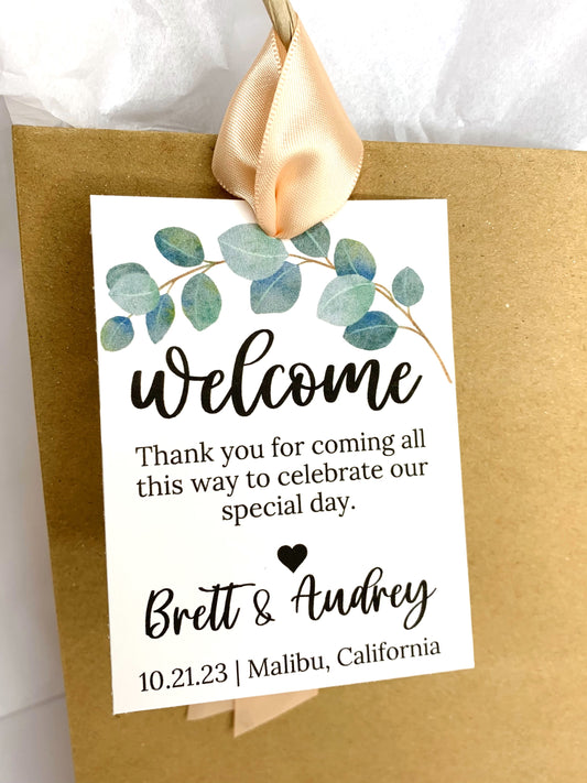 Wedding Welcome Hotel Guest Bags. Eucalyptus Floral Personalized Welcome Tags with Ribbon. D
