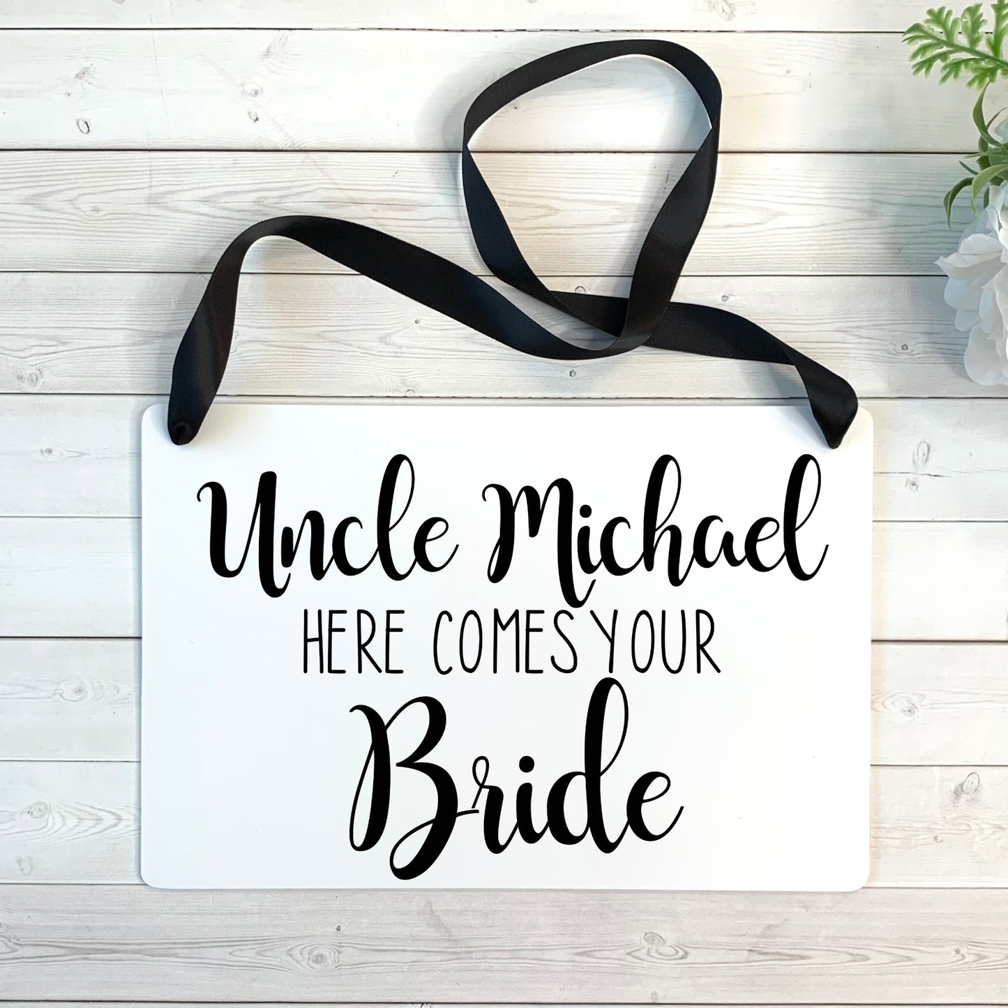 Personalized Uncle Name Here Comes Your Bride Wedding Ring Bearer or Flower Girl Ceremony Sign 1